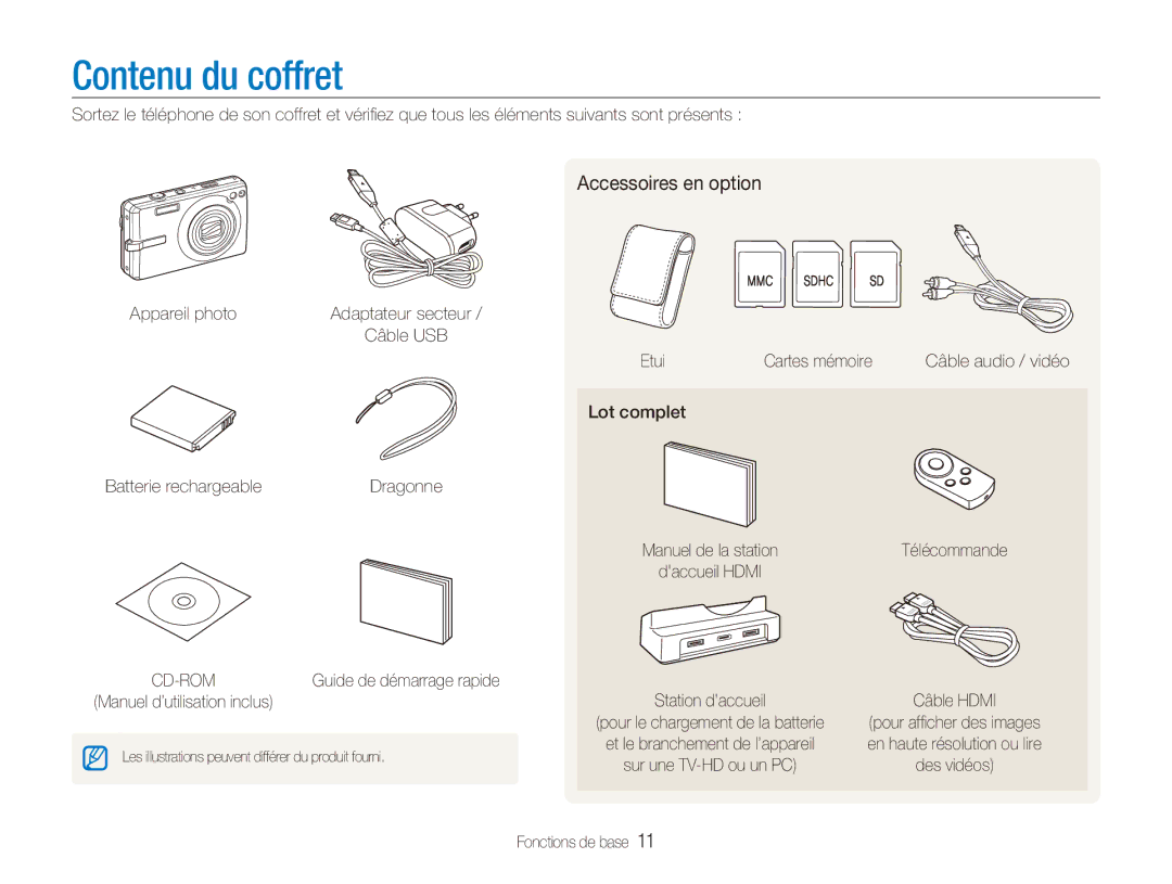 Samsung EC-IT100UBP/FR, EC-IT100SBP/FR, EC-IT100BBP/FR, EC-IT100RBP/FR manual Contenu du coffret, Accessoires en option 