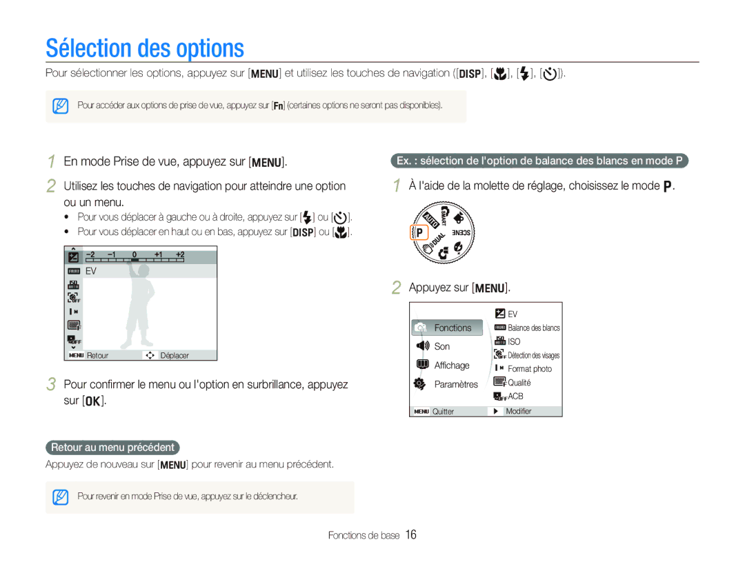 Samsung EC-IT100SBP/FR, EC-IT100UBP/FR, EC-IT100BBP/FR, EC-IT100RBP/FR manual Sélection des options, Retour au menu précédent 