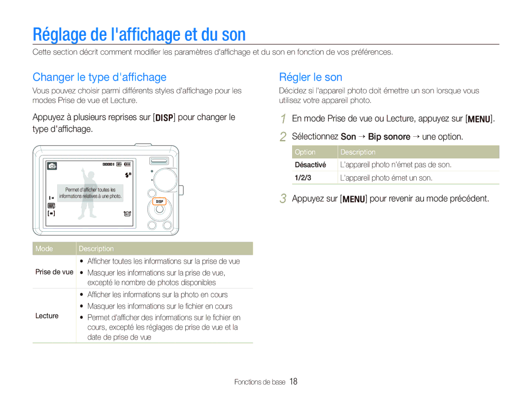 Samsung EC-IT100RBP/FR, EC-IT100UBP/FR manual Réglage de lafﬁchage et du son, Changer le type dafﬁchage, Régler le son 