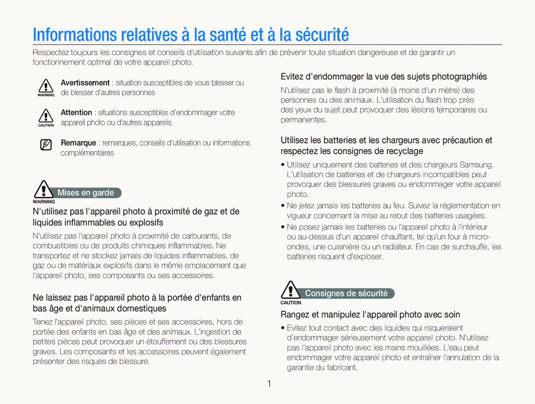 Samsung EC-IT100BBP/FR Informations relatives à la santé et à la sécurité, Rangez et manipulez lappareil photo avec soin 