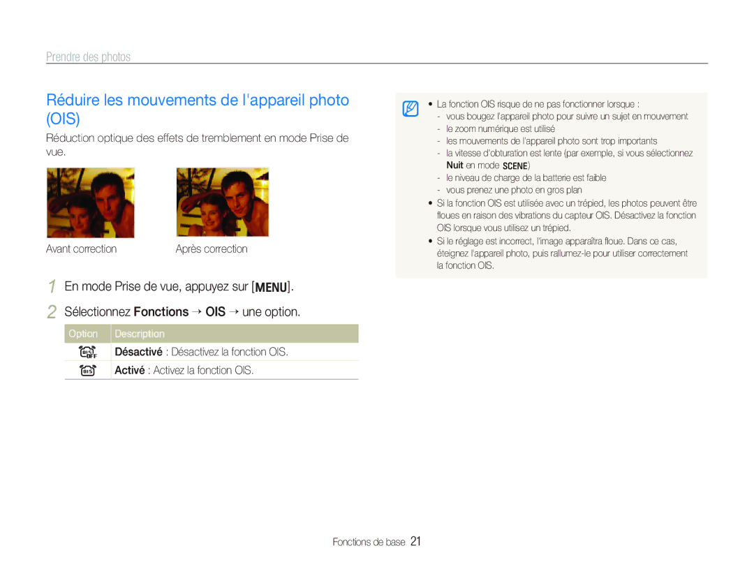 Samsung EC-IT100BBP/FR, EC-IT100UBP/FR, EC-IT100SBP/FR Réduire les mouvements de lappareil photo OIS, Option Description 