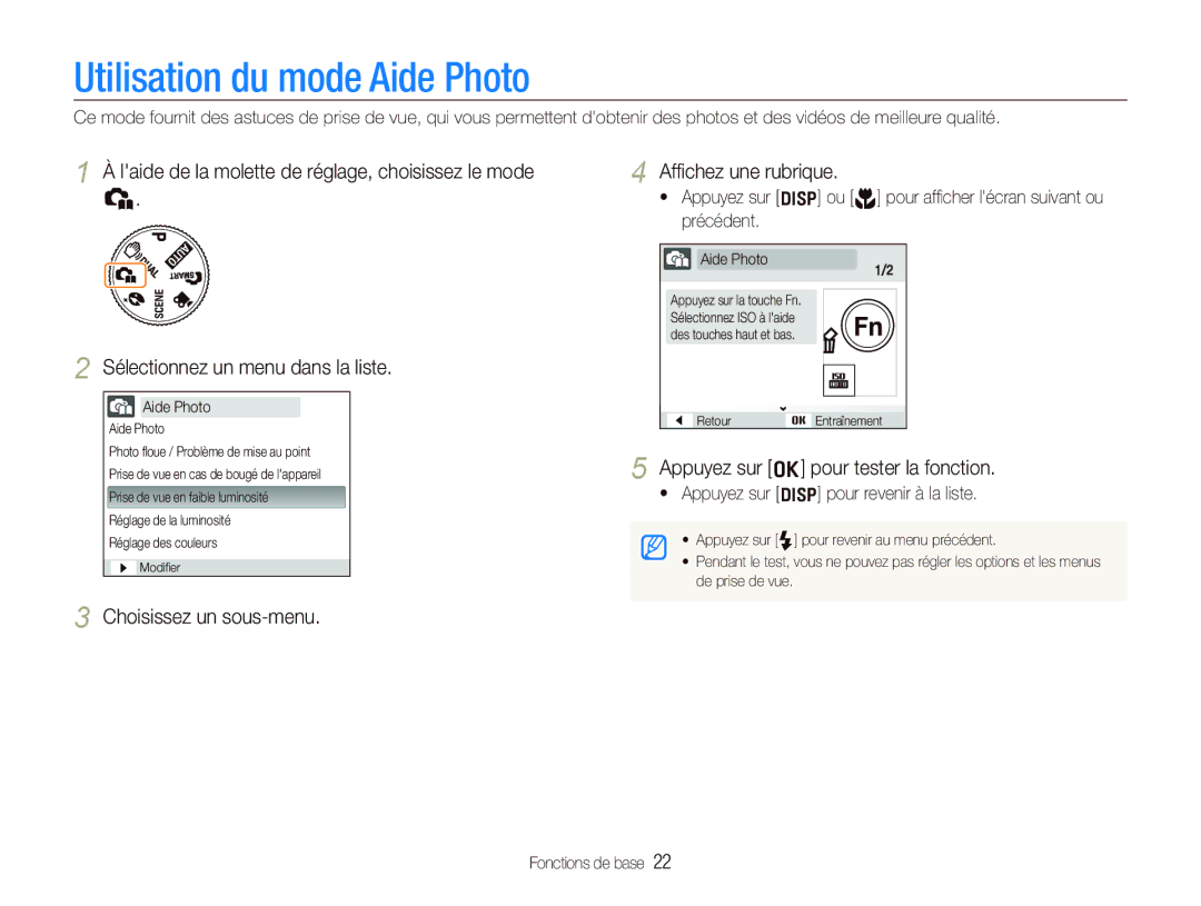 Samsung EC-IT100RBP/FR, EC-IT100UBP/FR manual Utilisation du mode Aide Photo, Choisissez un sous-menu Afﬁchez une rubrique 