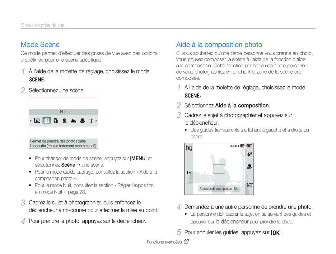 Samsung EC-IT100UBP/FR, EC-IT100SBP/FR, EC-IT100BBP/FR manual Mode Scène, Aide à la composition photo, Modes de prise de vue 