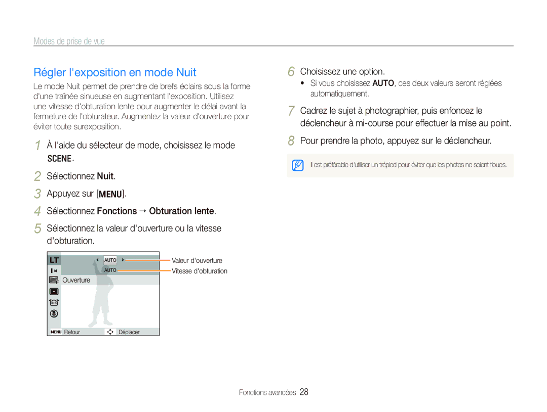 Samsung EC-IT100SBP/FR, EC-IT100UBP/FR, EC-IT100BBP/FR manual Régler lexposition en mode Nuit, Choisissez une option 