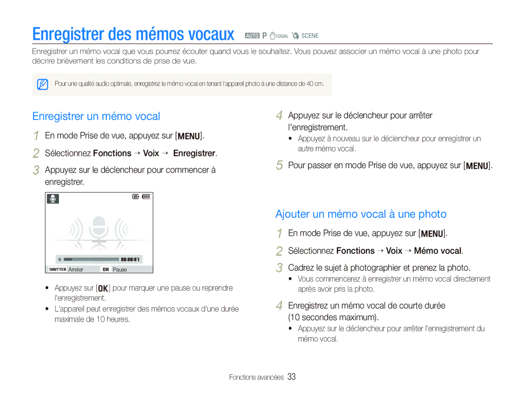 Samsung EC-IT100BBP/FR, EC-IT100UBP/FR, EC-IT100SBP/FR Enregistrer des mémos vocaux a p d b s, Enregistrer un mémo vocal 