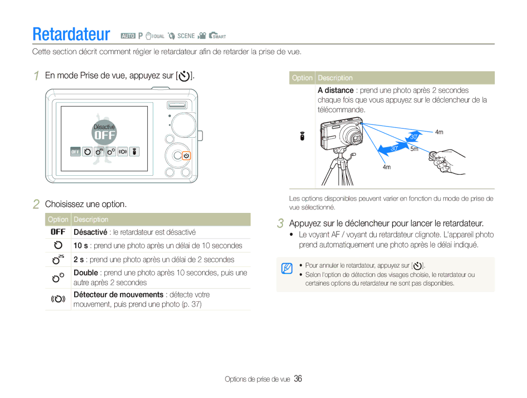 Samsung EC-IT100SBP/FR manual En mode Prise de vue, appuyez sur t, Appuyez sur le déclencheur pour lancer le retardateur 