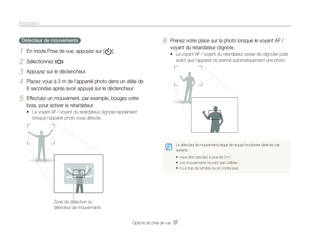 Samsung EC-IT100BBP/FR, EC-IT100UBP/FR manual Retardateur, Sélectionnez Appuyez sur le déclencheur, Détecteur de mouvements 