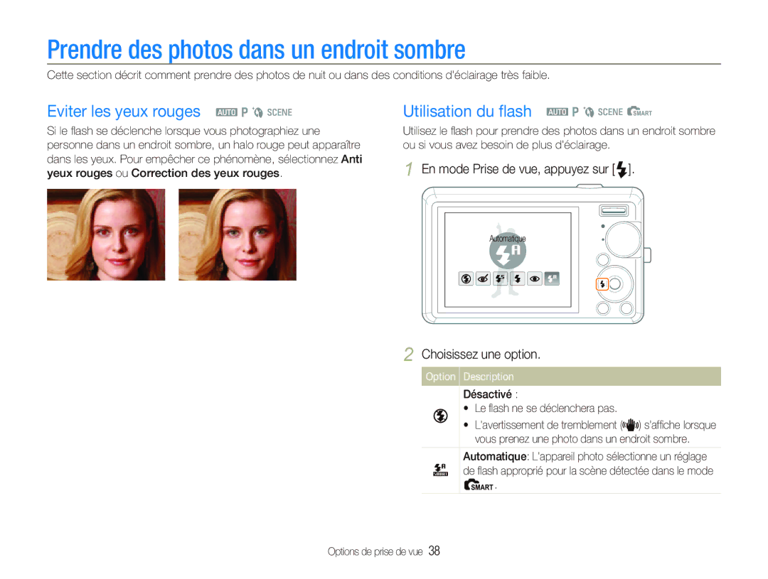 Samsung EC-IT100RBP/FR, EC-IT100UBP/FR manual Prendre des photos dans un endroit sombre, Eviter les yeux rouges a p b s 