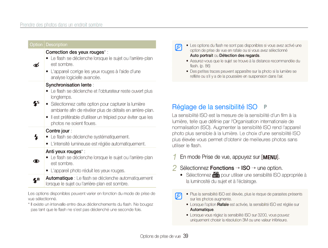 Samsung EC-IT100UBP/FR, EC-IT100SBP/FR manual Réglage de la sensibilité ISO p, Prendre des photos dans un endroit sombre 