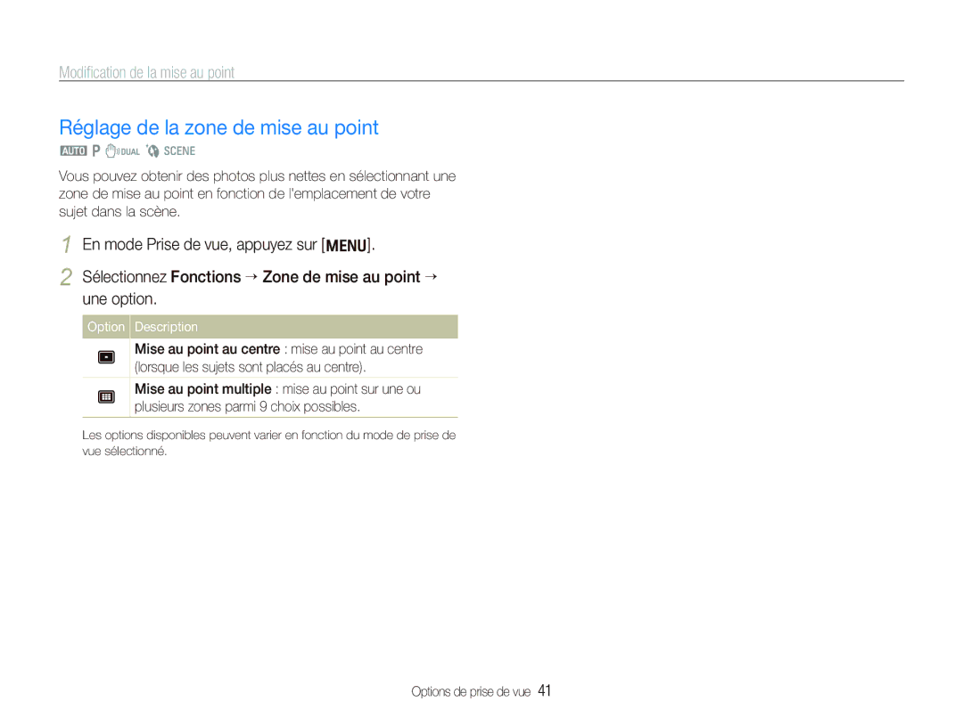 Samsung EC-IT100BBP/FR, EC-IT100UBP/FR, EC-IT100SBP/FR Réglage de la zone de mise au point, Modiﬁcation de la mise au point 