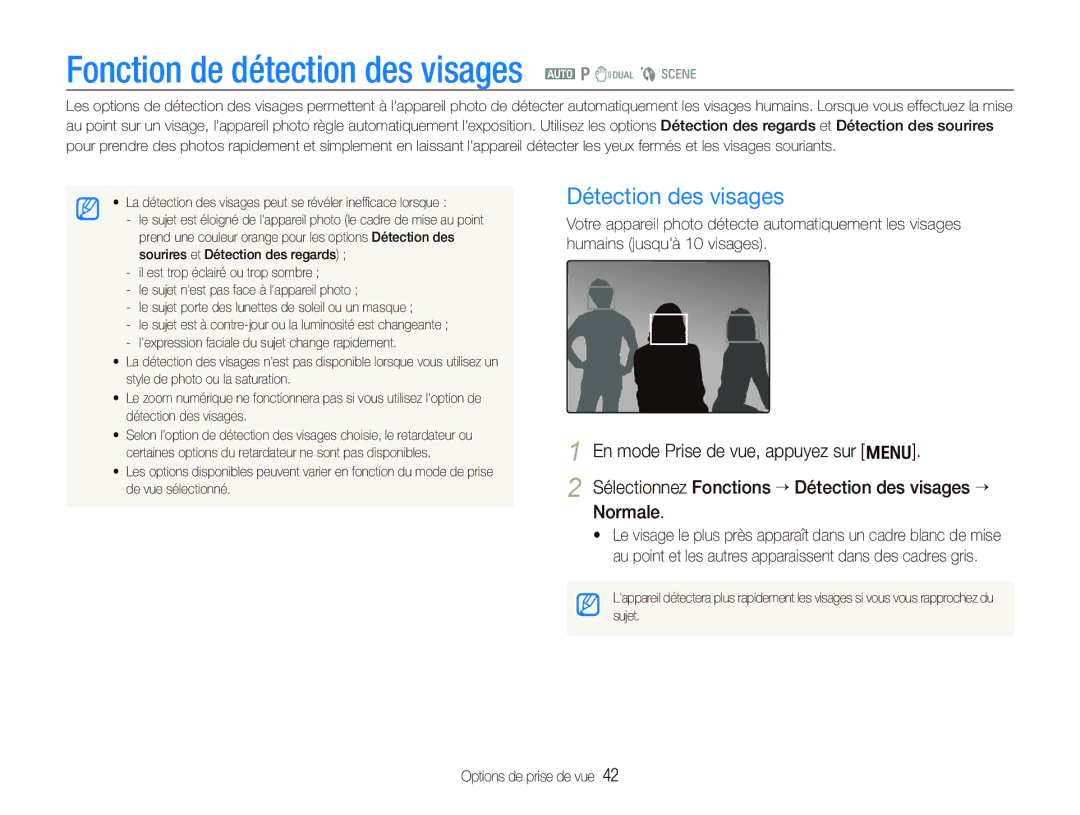 Samsung EC-IT100RBP/FR, EC-IT100UBP/FR, EC-IT100SBP/FR Fonction de détection des visages a p d b s, Détection des visages 