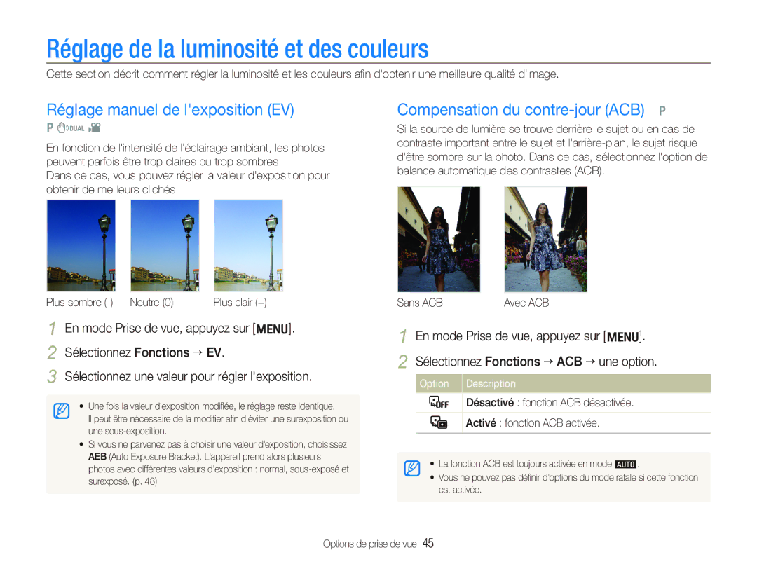 Samsung EC-IT100BBP/FR manual Réglage de la luminosité et des couleurs, Réglage manuel de lexposition EV, Sans ACBAvec ACB 