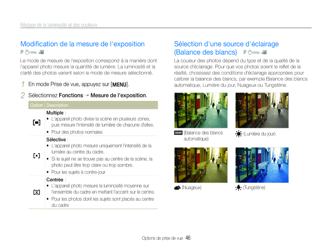 Samsung EC-IT100RBP/FR Modiﬁcation de la mesure de lexposition, Sélection dune source déclairage Balance des blancs p d 