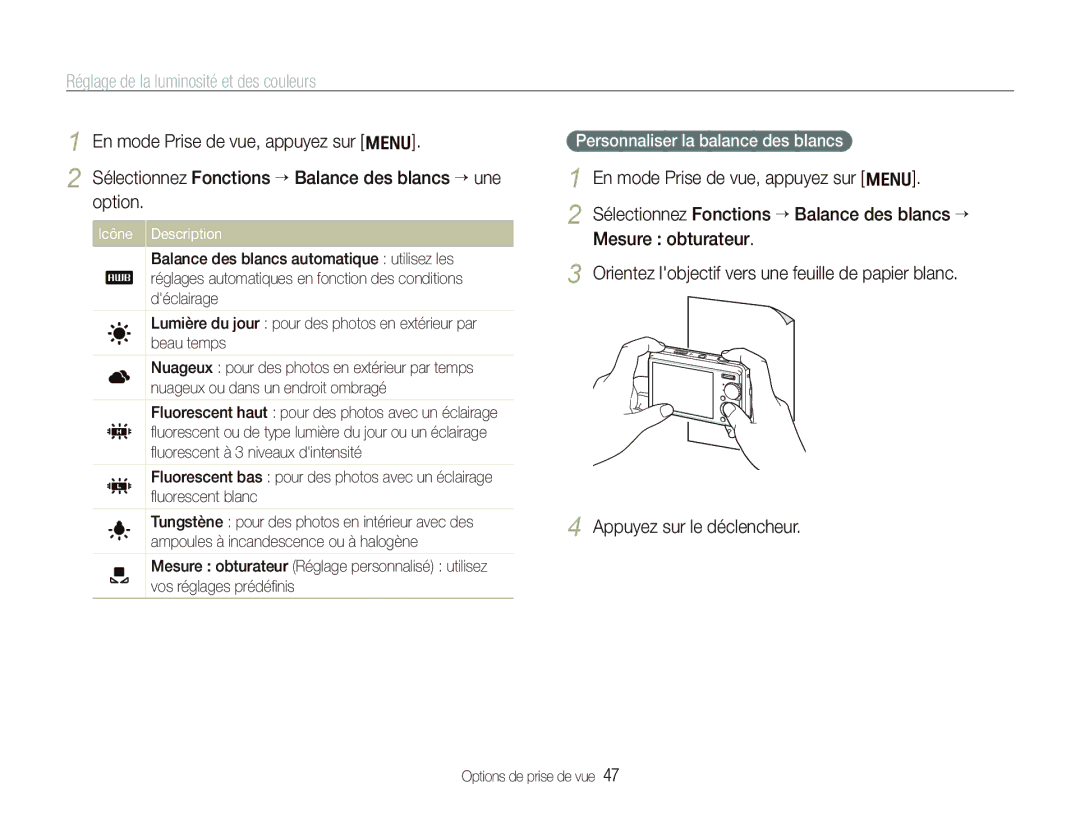 Samsung EC-IT100UBP/FR, EC-IT100SBP/FR, EC-IT100BBP/FR manual Personnaliser la balance des blancs, Icône Description 