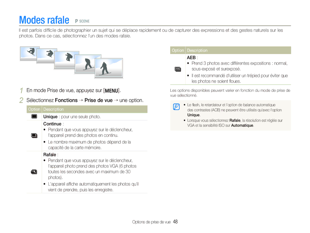 Samsung EC-IT100SBP/FR, EC-IT100UBP/FR, EC-IT100BBP/FR manual Modes rafale p s, Unique pour une seule photo Continue 