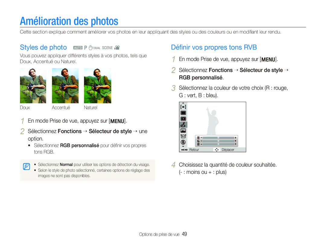 Samsung EC-IT100BBP/FR manual Amélioration des photos, Styles de photo a p d s, Déﬁnir vos propres tons RVB, Option 