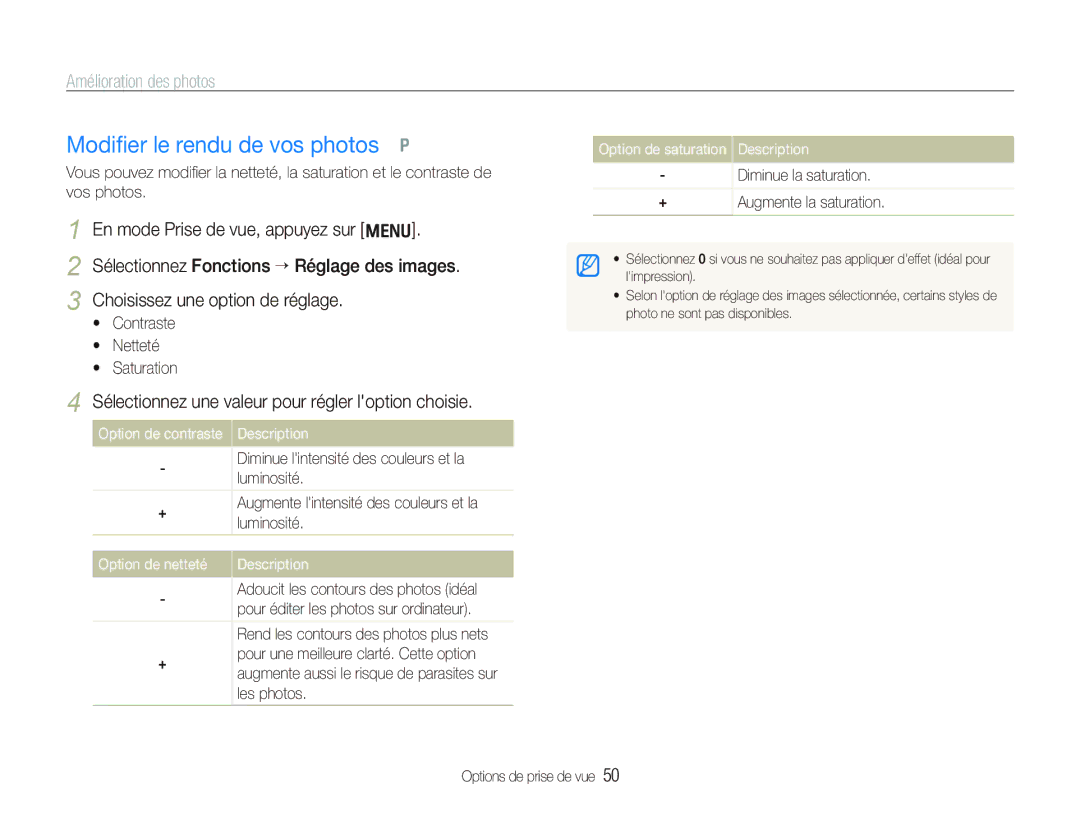 Samsung EC-IT100RBP/FR manual Modiﬁer le rendu de vos photos p, Amélioration des photos, Option de netteté Description 