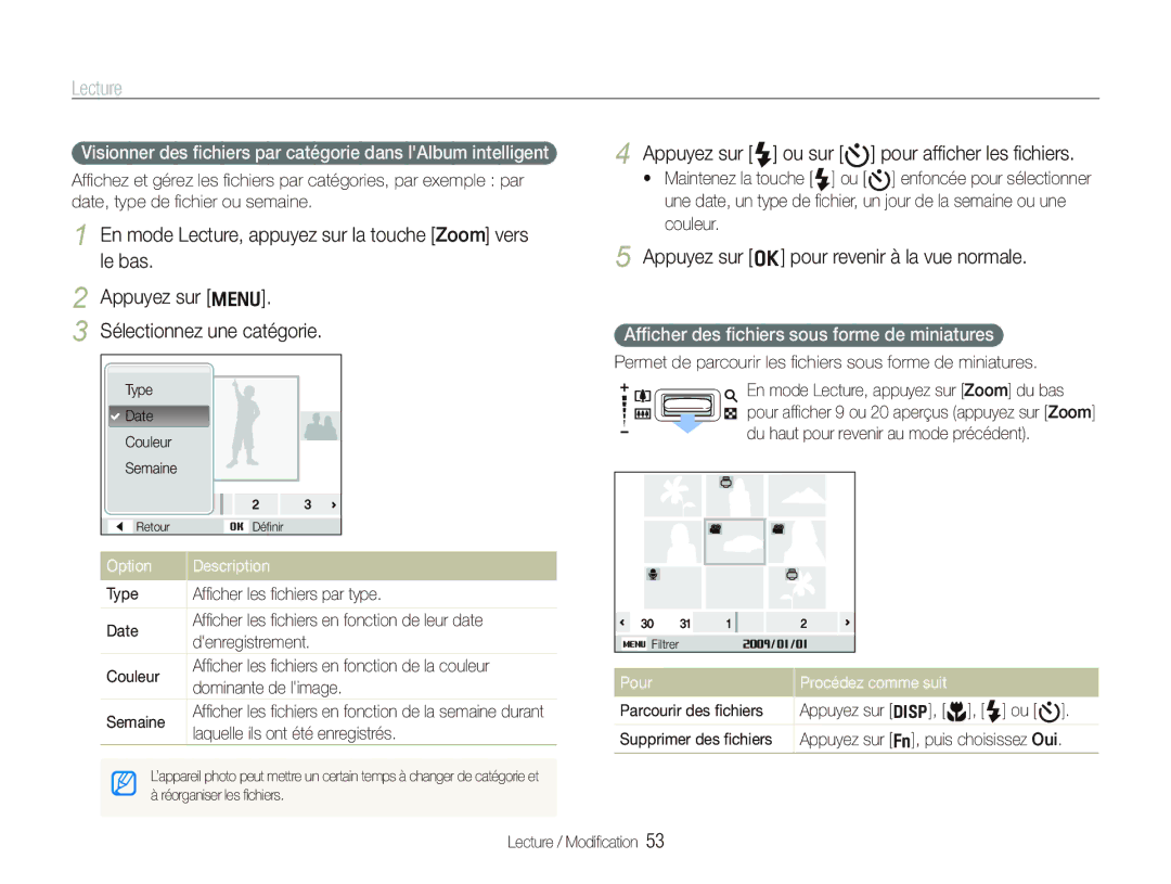 Samsung EC-IT100BBP/FR Lecture, Appuyez sur o pour revenir à la vue normale, Afﬁcher des ﬁchiers sous forme de miniatures 