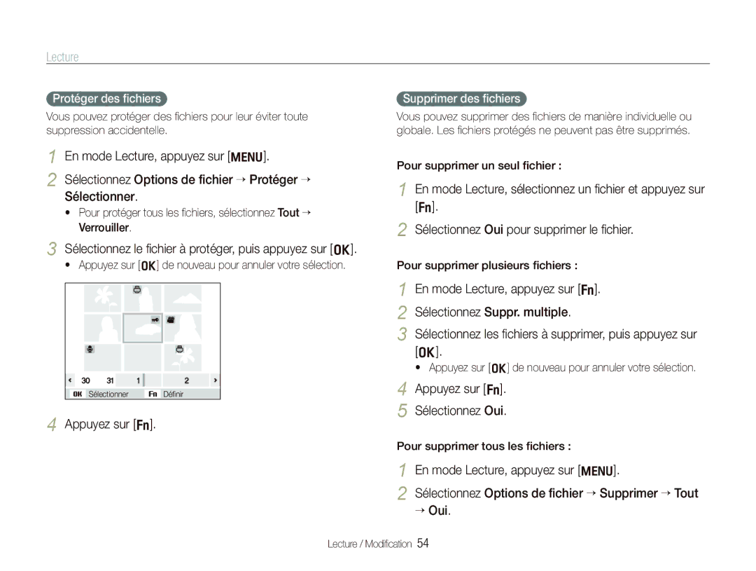 Samsung EC-IT100RBP/FR manual Sélectionnez le ﬁchier à protéger, puis appuyez sur o, Appuyez sur f, Protéger des ﬁchiers 