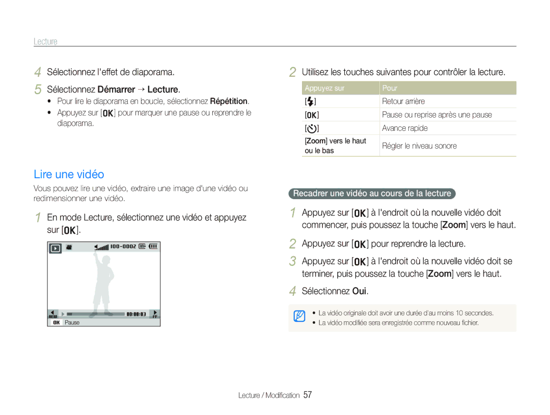 Samsung EC-IT100BBP/FR Utilisez les touches suivantes pour contrôler la lecture, Appuyez sur o pour reprendre la lecture 