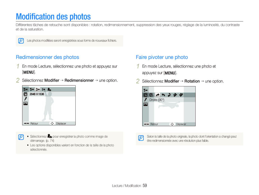 Samsung EC-IT100UBP/FR, EC-IT100SBP/FR manual Modiﬁcation des photos, Redimensionner des photos, Faire pivoter une photo 