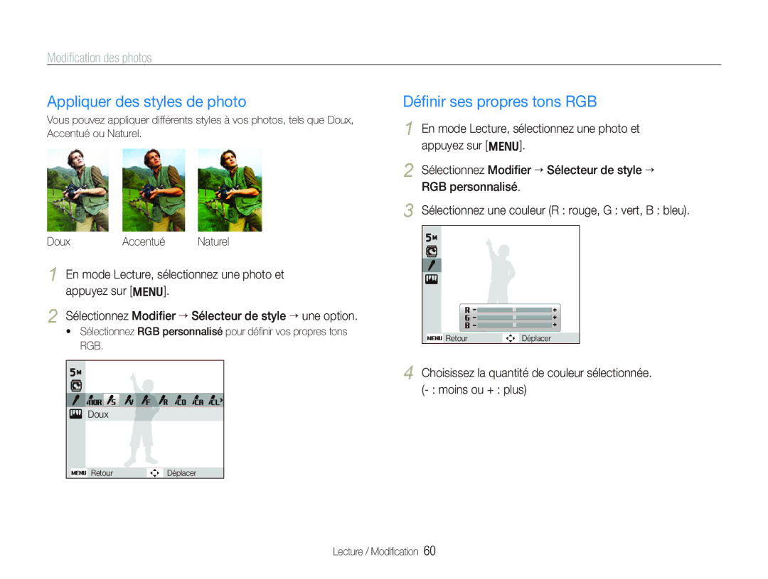 Samsung EC-IT100SBP/FR, EC-IT100UBP/FR Appliquer des styles de photo, Déﬁnir ses propres tons RGB, Modiﬁcation des photos 