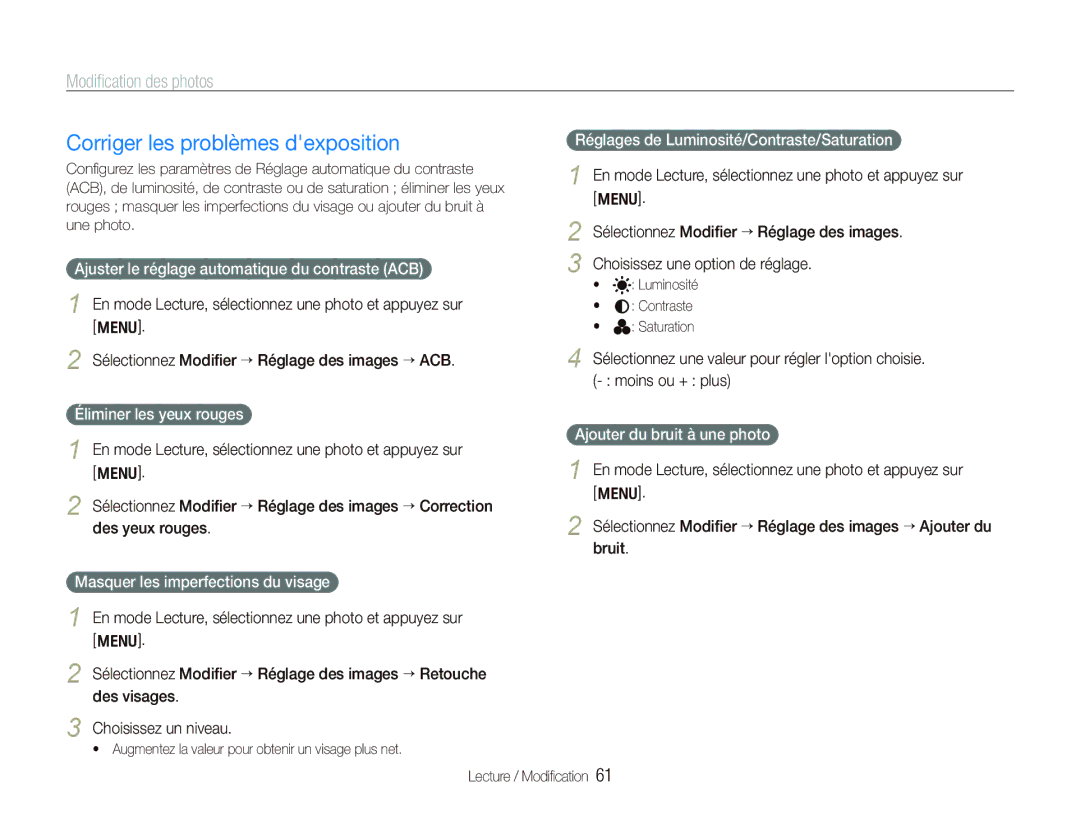 Samsung EC-IT100BBP/FR, EC-IT100UBP/FR Corriger les problèmes dexposition, Ajuster le réglage automatique du contraste ACB 