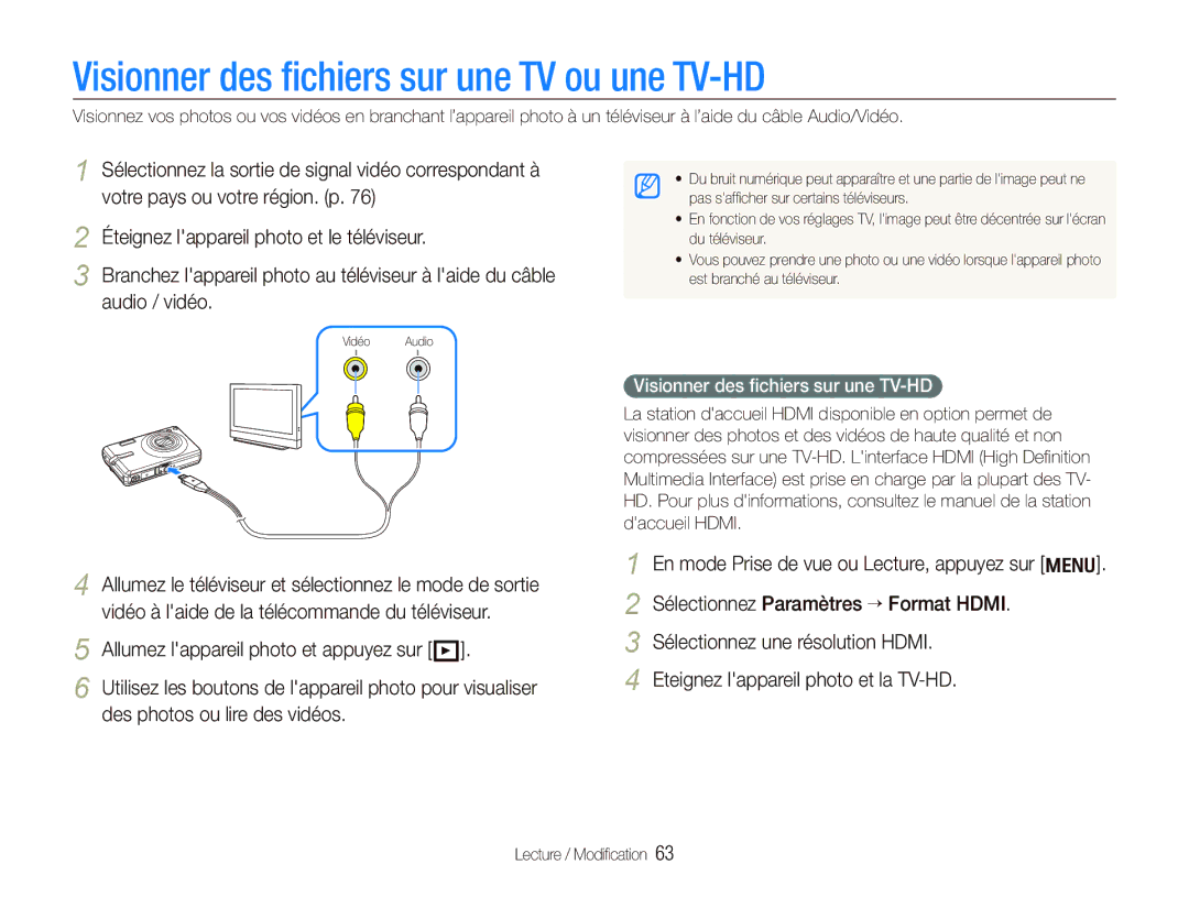 Samsung EC-IT100UBP/FR, EC-IT100SBP/FR Visionner des ﬁchiers sur une TV ou une TV-HD, Visionner des ﬁchiers sur une TV-HD 