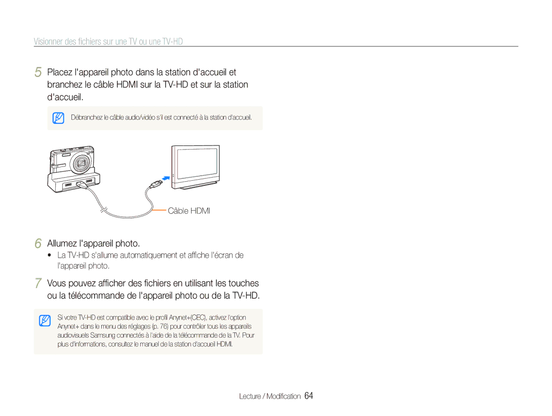 Samsung EC-IT100SBP/FR, EC-IT100UBP/FR Visionner des ﬁchiers sur une TV ou une TV-HD, Allumez lappareil photo, Câble Hdmi 