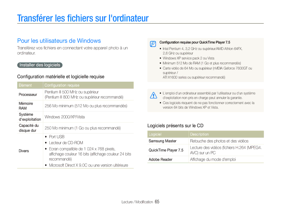 Samsung EC-IT100BBP/FR Transférer les ﬁchiers sur lordinateur, Pour les utilisateurs de Windows, Installer des logiciels 