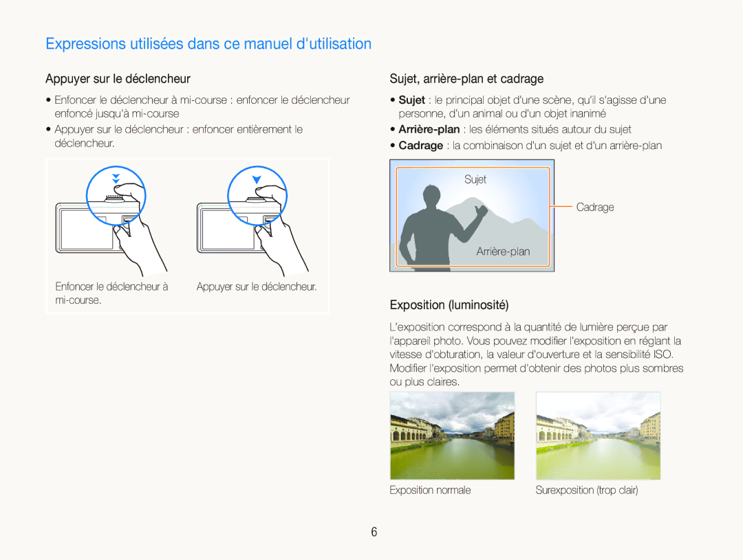 Samsung EC-IT100RBP/FR manual Appuyer sur le déclencheur, Sujet, arrière-plan et cadrage, Exposition luminosité, Mi-course 