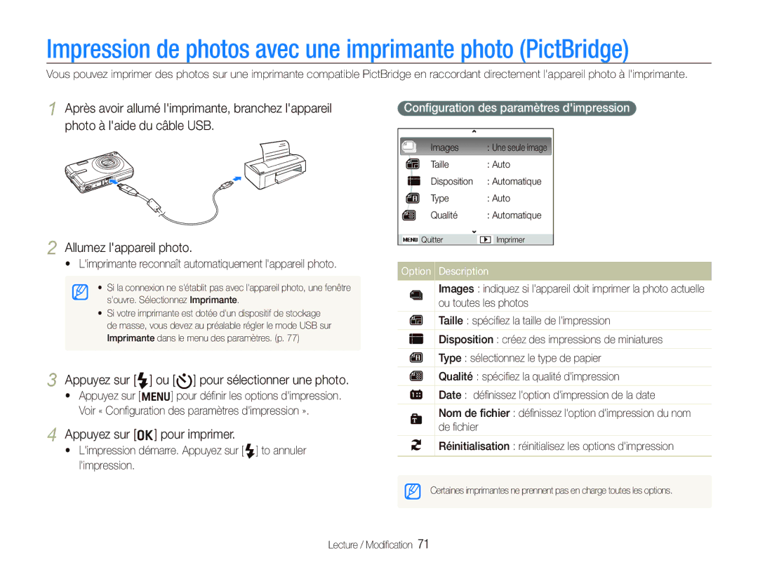 Samsung EC-IT100UBP/FR manual Impression de photos avec une imprimante photo PictBridge, Appuyez sur o pour imprimer 