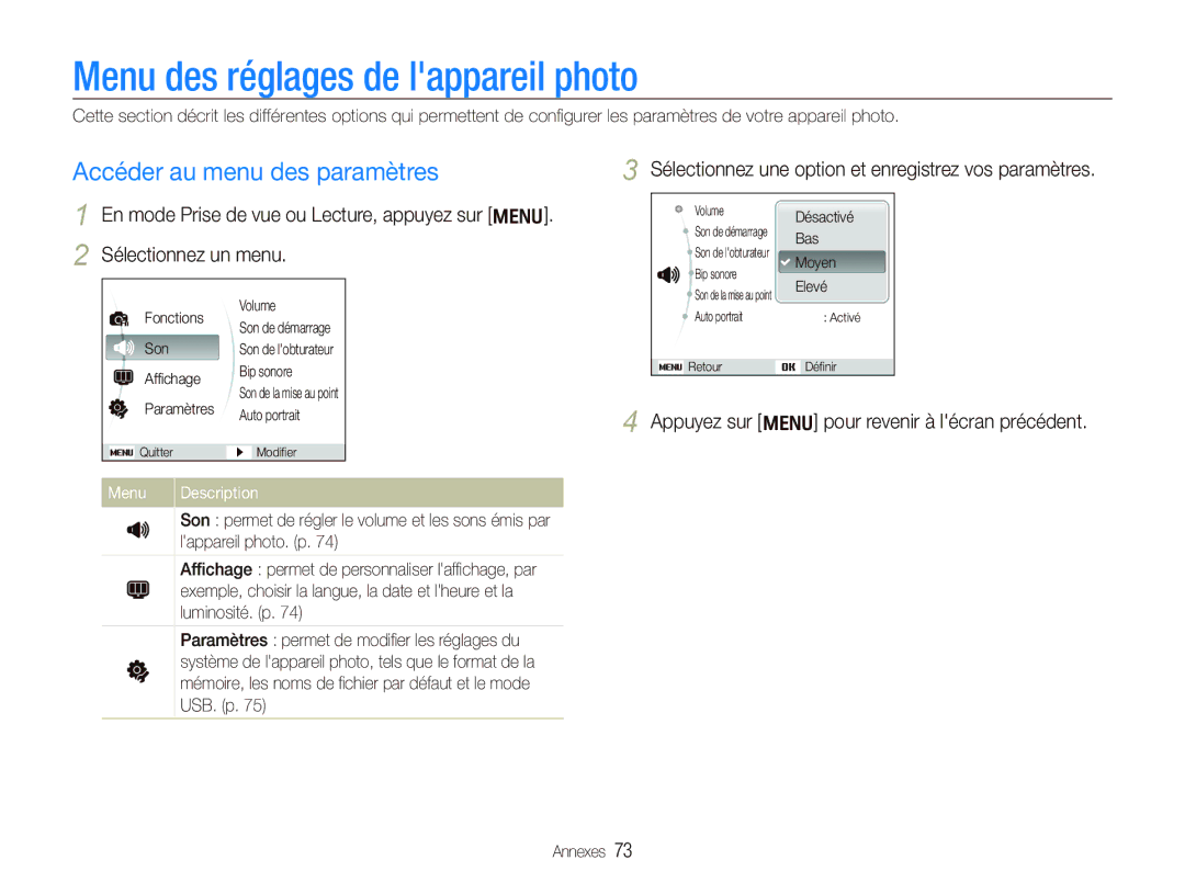 Samsung EC-IT100BBP/FR manual Menu des réglages de lappareil photo, Accéder au menu des paramètres, Menu Description 