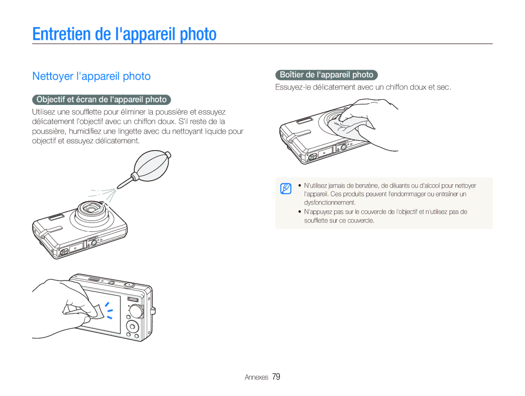 Samsung EC-IT100UBP/FR manual Entretien de lappareil photo, Nettoyer lappareil photo, Objectif et écran de lappareil photo 