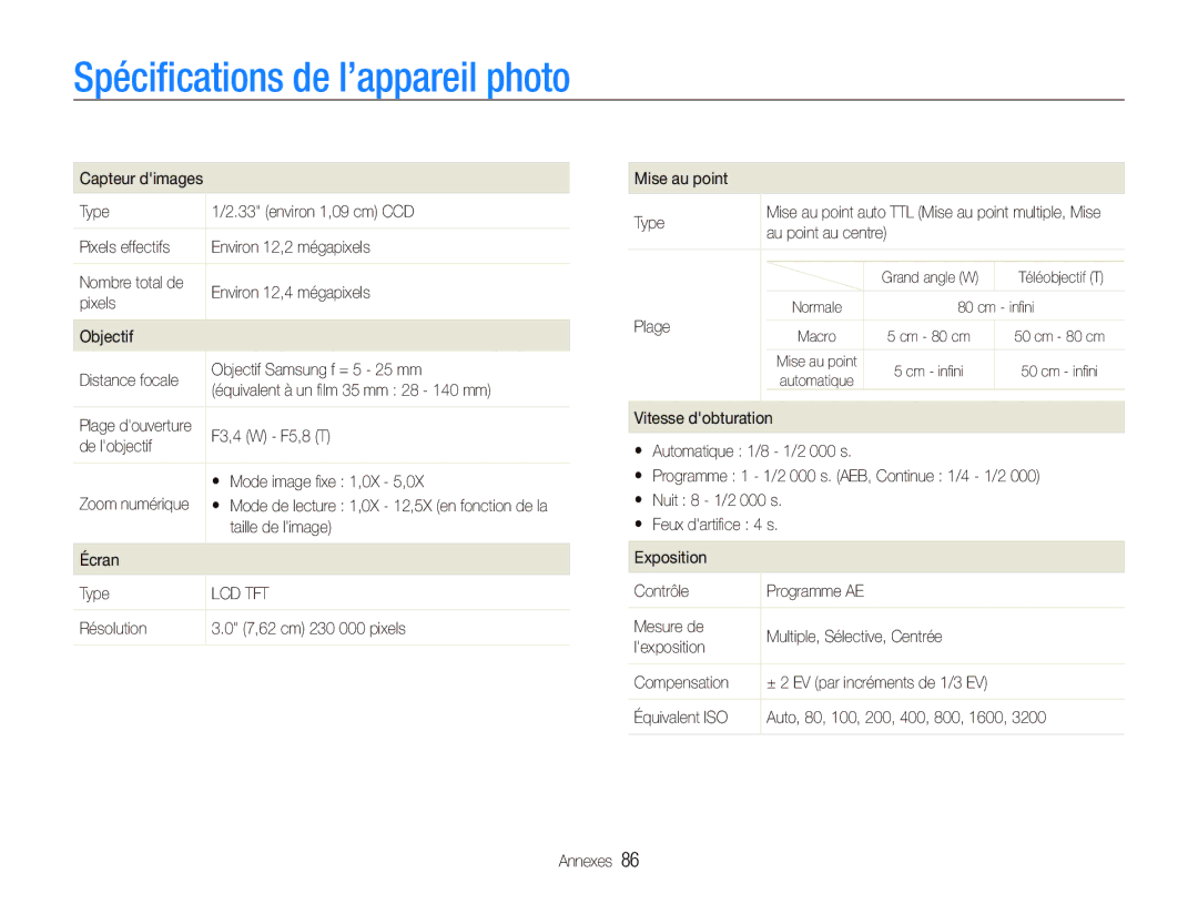 Samsung EC-IT100RBP/FR, EC-IT100UBP/FR, EC-IT100SBP/FR, EC-IT100BBP/FR manual Spéciﬁcations de l’appareil photo 