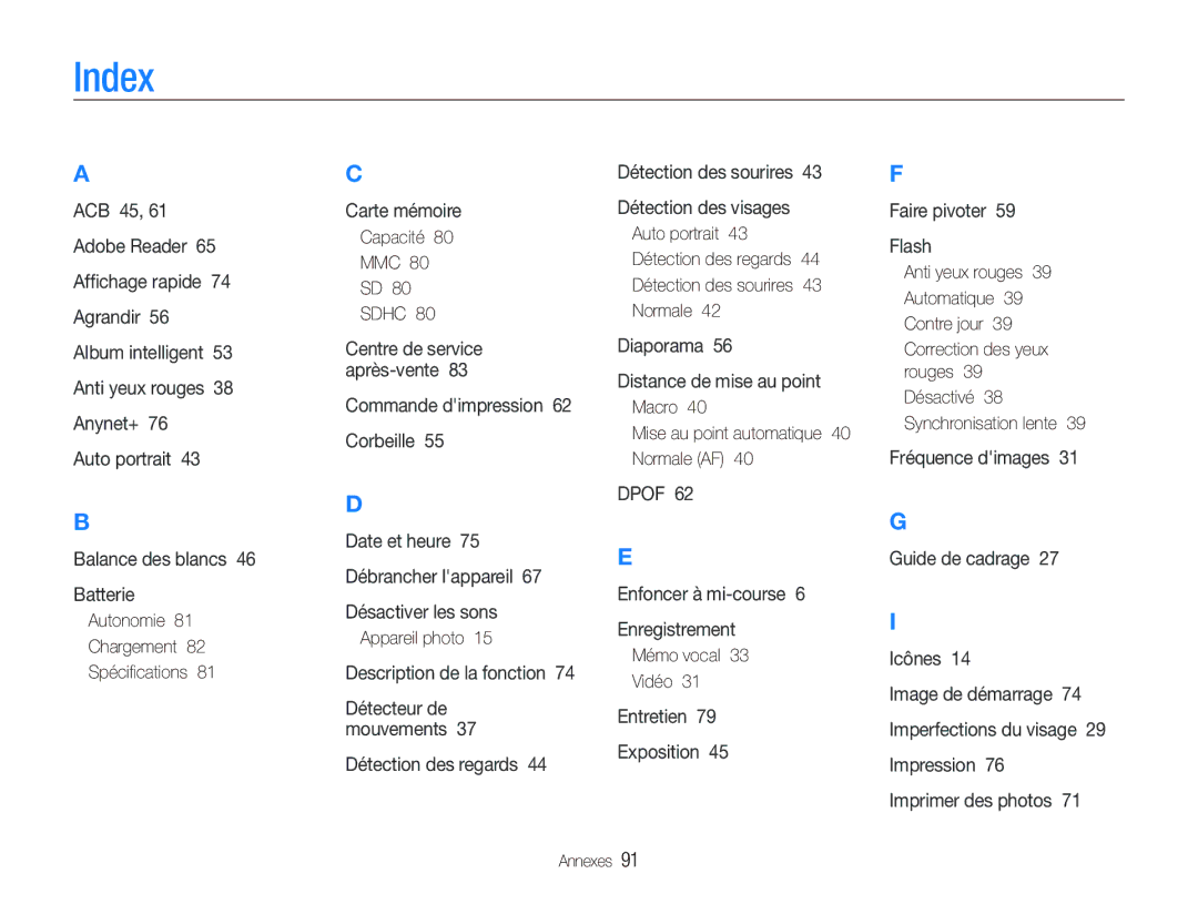 Samsung EC-IT100UBP/FR, EC-IT100SBP/FR manual Index, Autonomie Chargement Spéciﬁcations, Capacité MMC, Mémo vocal Vidéo 