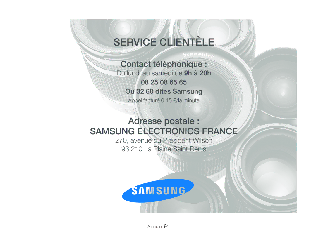 Samsung EC-IT100RBP/FR, EC-IT100UBP/FR, EC-IT100SBP/FR, EC-IT100BBP/FR manual Service Clientèle 