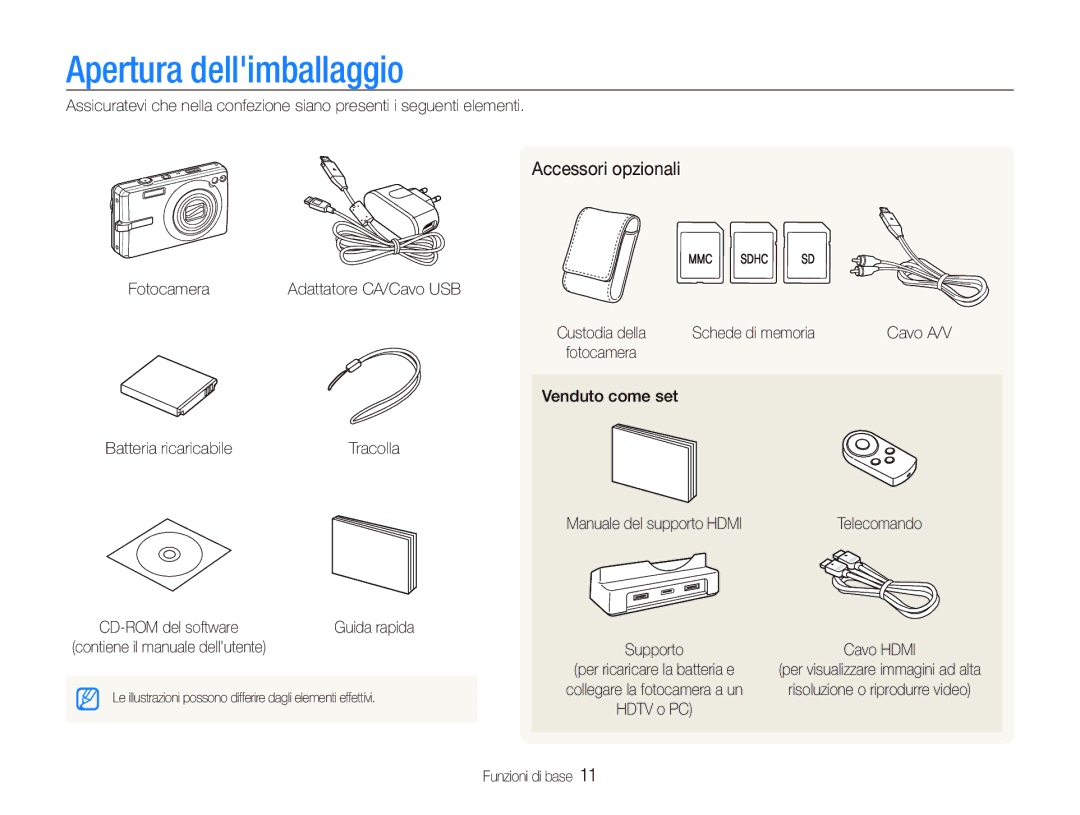 Samsung EC-IT100UBP/IT, EC-IT100SBA/IT, EC-IT100RBP/IT, EC-IT100SBP/IT manual Apertura dellimballaggio, Accessori opzionali 