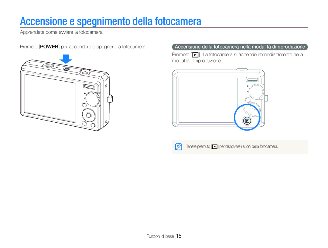 Samsung EC-IT100ABA/IT, EC-IT100UBP/IT, EC-IT100SBA/IT, EC-IT100RBP/IT manual Accensione e spegnimento della fotocamera 