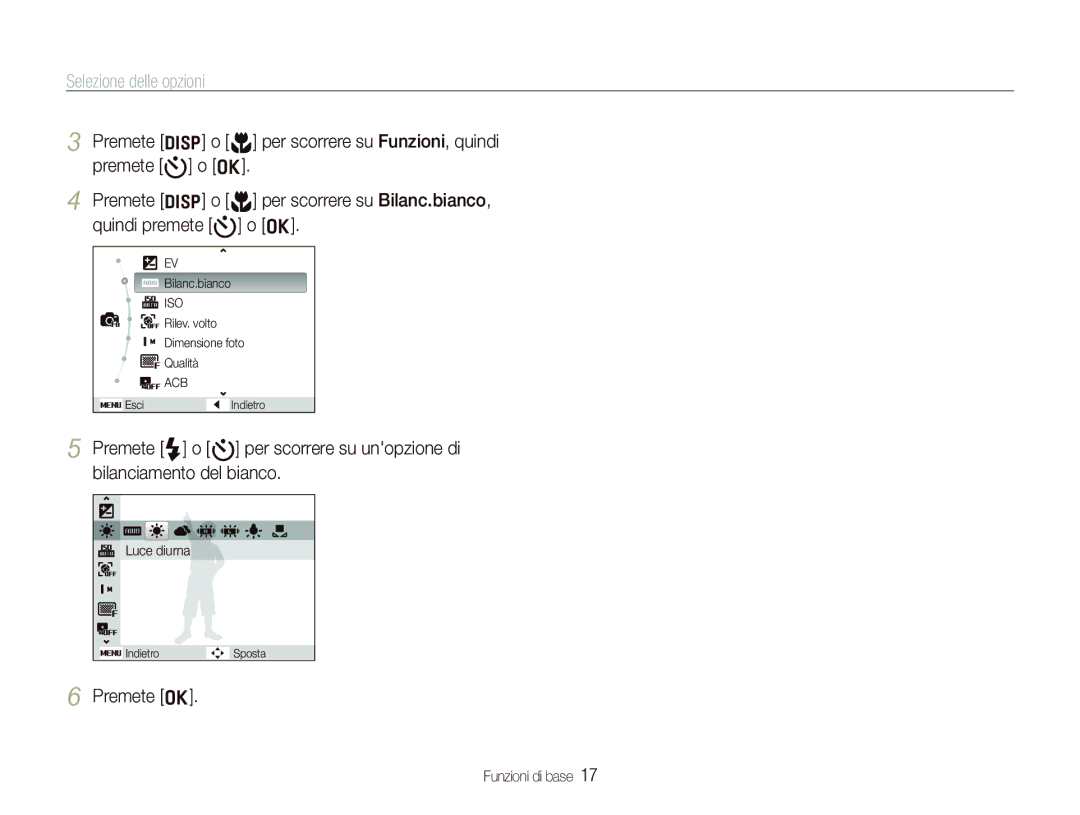 Samsung EC-IT100UBP/IT, EC-IT100SBA/IT, EC-IT100RBP/IT, EC-IT100SBP/IT, EC-IT100ABA/IT Selezione delle opzioni, Premete o 