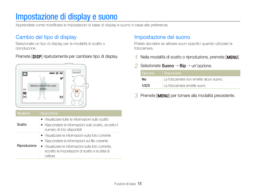 Samsung EC-IT100SBA/IT, EC-IT100UBP/IT Impostazione di display e suono, Cambio del tipo di display, Impostazione del suono 