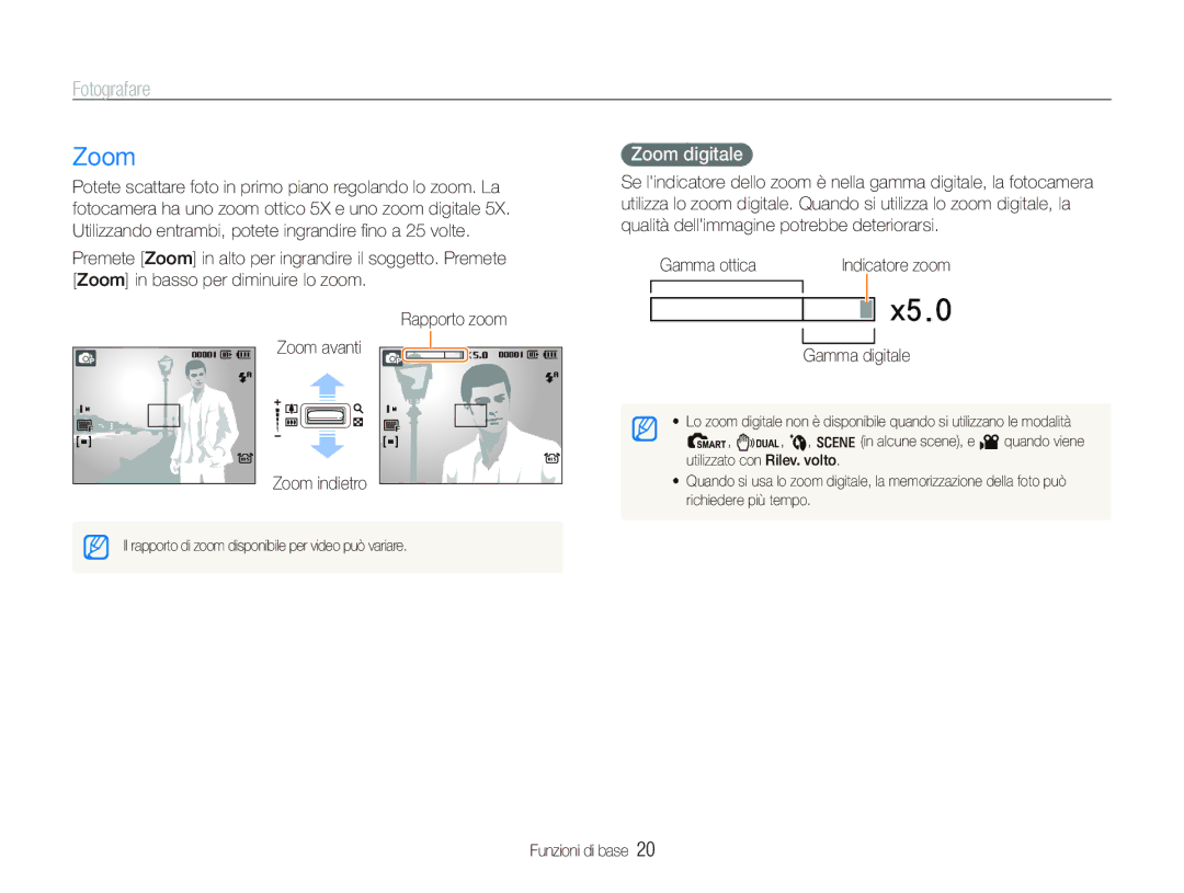 Samsung EC-IT100SBP/IT, EC-IT100UBP/IT, EC-IT100SBA/IT manual Fotografare, Zoom digitale, Zoom indietro, Gamma digitale 