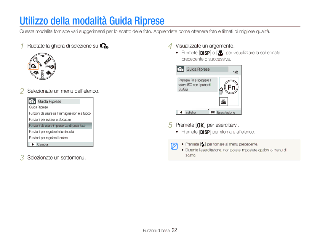 Samsung EC-IT100BBP/IT manual Utilizzo della modalità Guida Riprese, Selezionate un sottomenu Visualizzate un argomento 