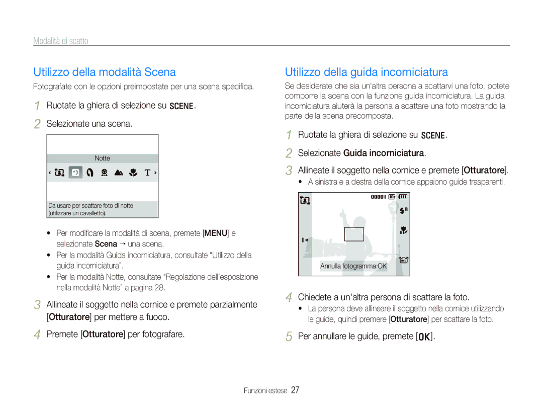 Samsung EC-IT100ABA/IT manual Utilizzo della modalità Scena, Utilizzo della guida incorniciatura, Modalità di scatto 