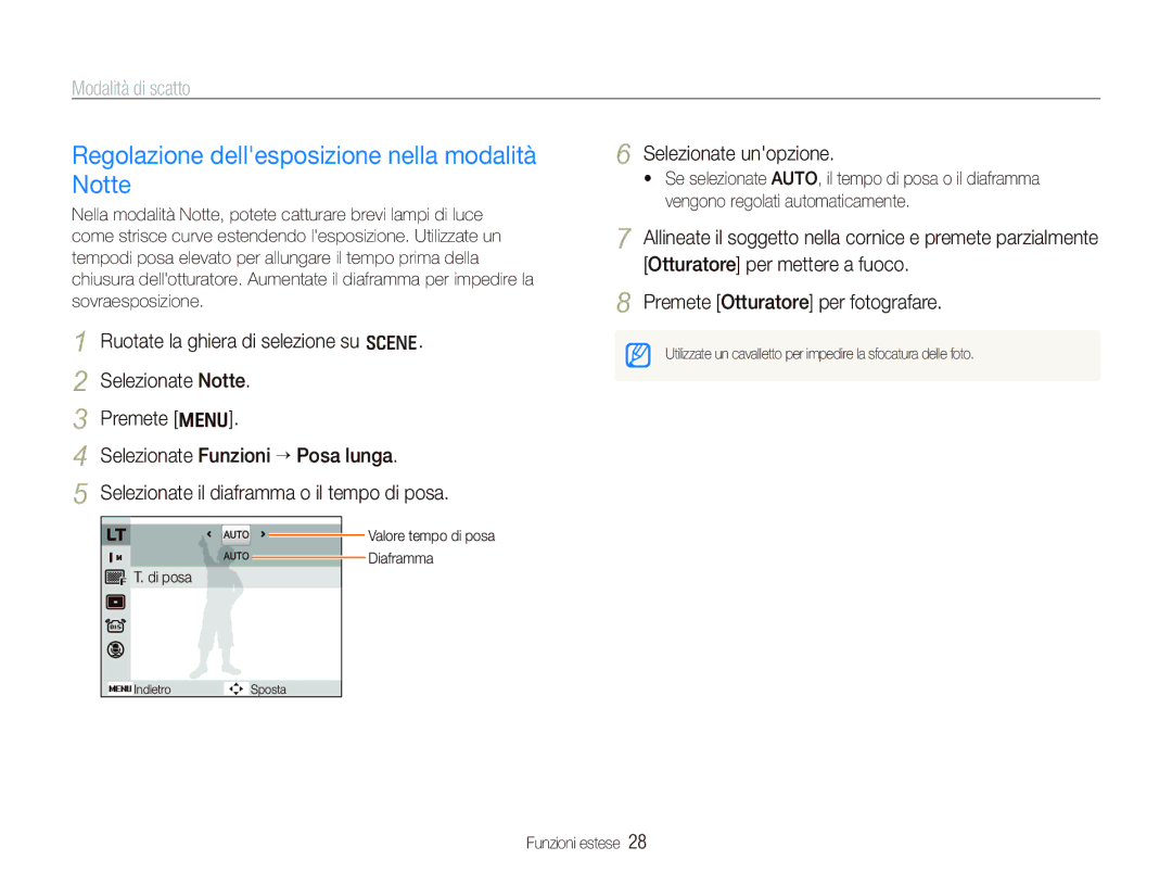 Samsung EC-IT100BBP/IT, EC-IT100UBP/IT manual Regolazione dellesposizione nella modalità Notte, Selezionate unopzione 