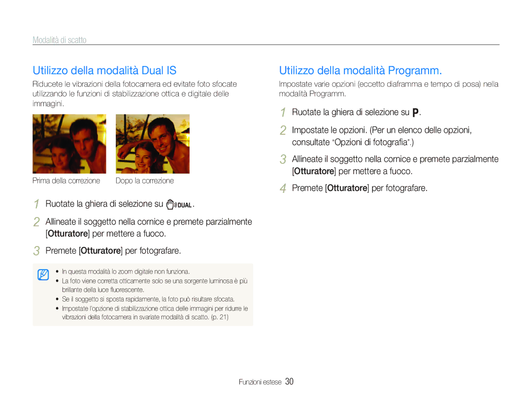 Samsung EC-IT100SBA/IT, EC-IT100UBP/IT, EC-IT100RBP/IT Utilizzo della modalità Dual is, Utilizzo della modalità Programm 