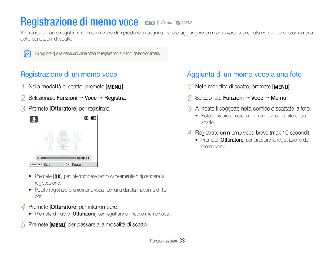 Samsung EC-IT100ABA/IT, EC-IT100UBP/IT, EC-IT100SBA/IT Registrazione di memo voce a p d b s, Registrazione di un memo voce 