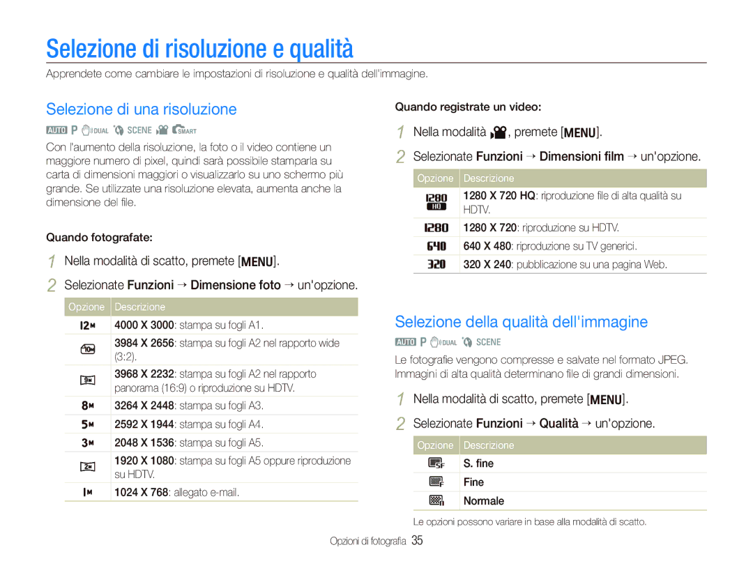 Samsung EC-IT100UBP/IT, EC-IT100SBA/IT Selezione di risoluzione e qualità, Selezione di una risoluzione, ﬁne Fine Normale 