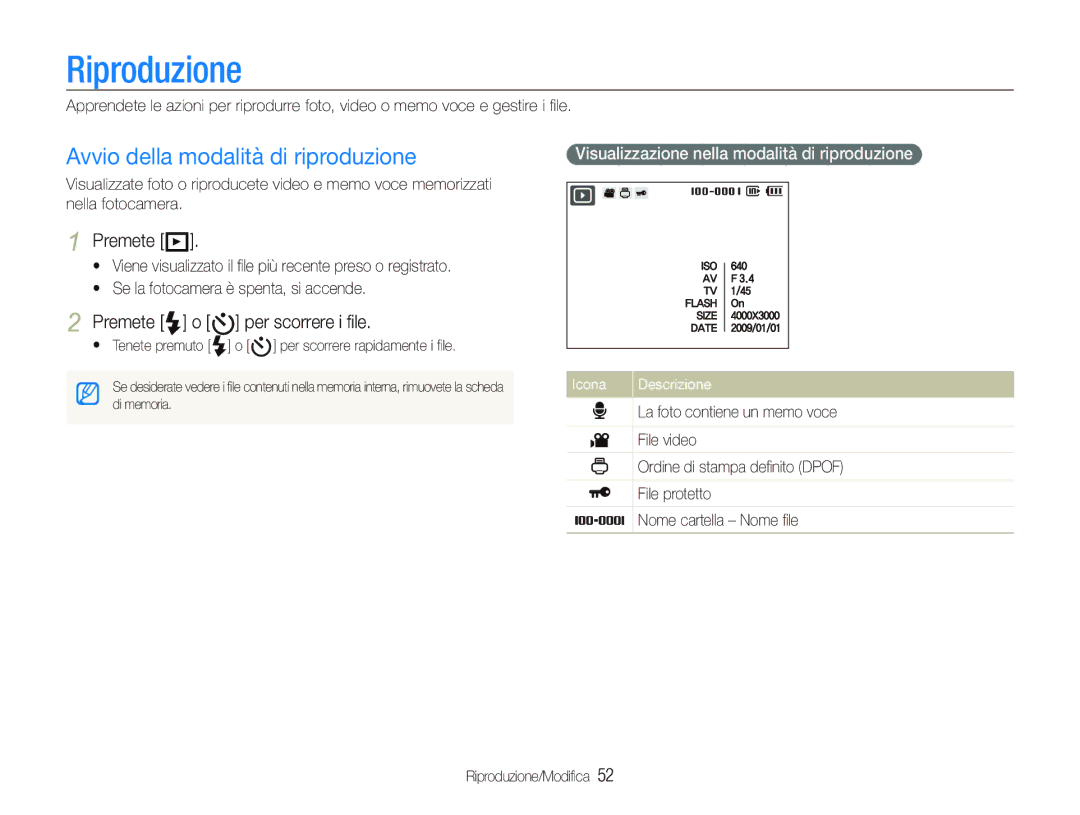 Samsung EC-IT100BBP/IT Riproduzione, Avvio della modalità di riproduzione, Premete P, Premete F o t per scorrere i ﬁle 