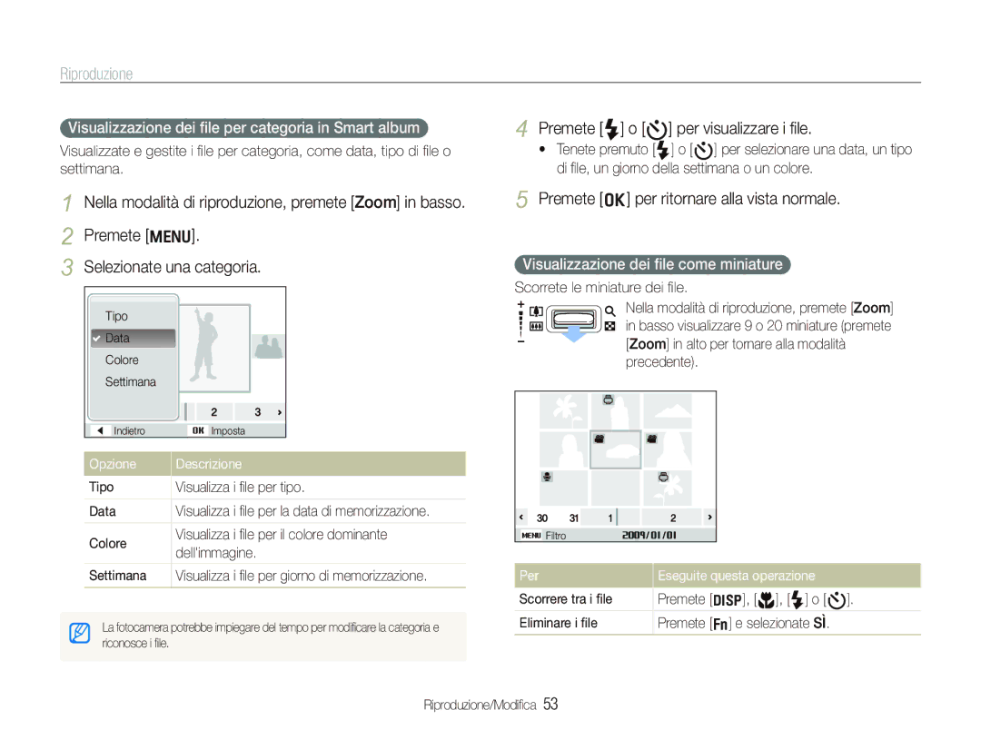 Samsung EC-IT100UBP/IT Riproduzione, Premete F o t per visualizzare i ﬁle, Premete o per ritornare alla vista normale 